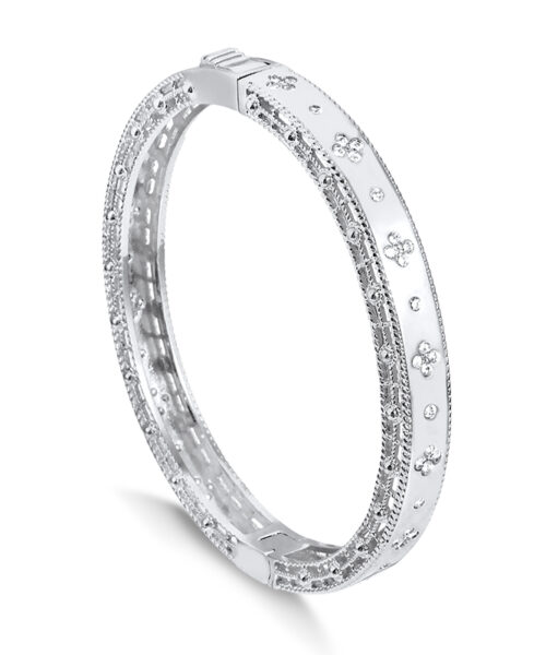 PULSEIRA BRACELETE LARGO TRAB LATERAL TREVOS RODIO BRANCO