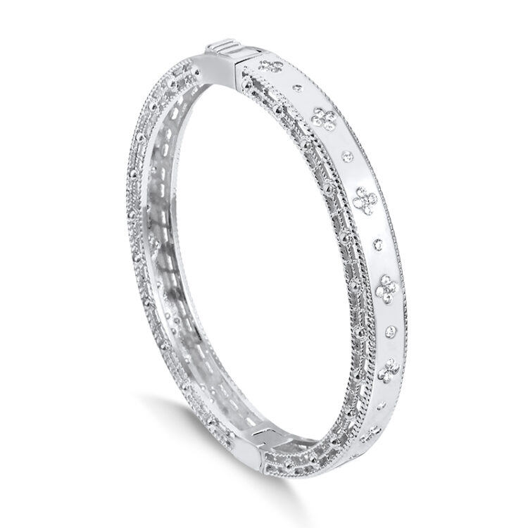 PULSEIRA BRACELETE LARGO TRAB LATERAL TREVOS RODIO BRANCO