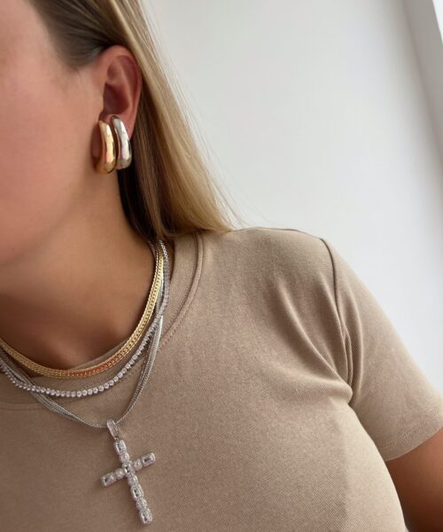 PINGENTE CRUZ CRAVEJADA BAGUETES RODIO BRANCO