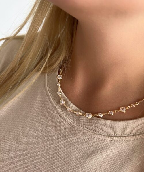 COLAR CHOKER ZIRCONIAS CORAÇÕES ALTERNADOS DOURADO