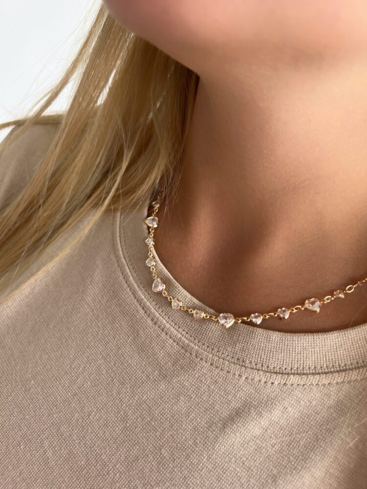 COLAR CHOKER ZIRCONIAS CORAÇÕES ALTERNADOS DOURADO