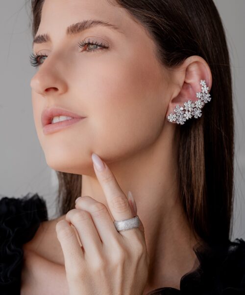 BRINCO EARCUFF FLOWERS CRISTAL E ZIRCONIA RODIO BRANCO