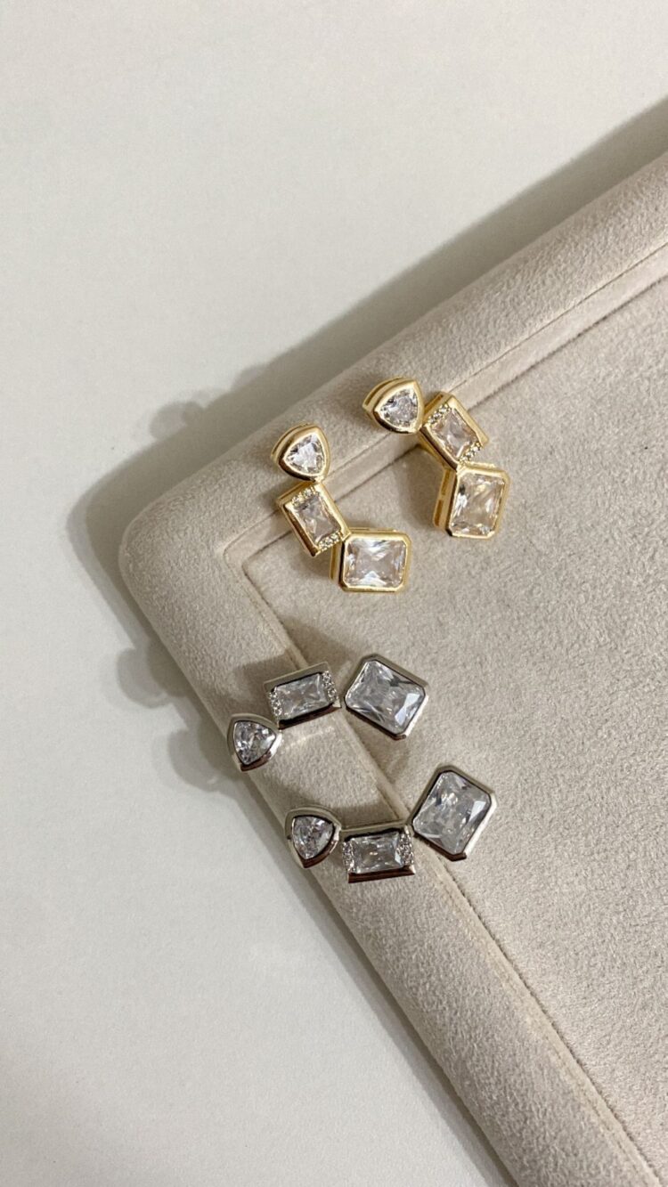 BRINCO EAR CUFF CECILIA OCTOGONOS E TRION RODIO BRANCO