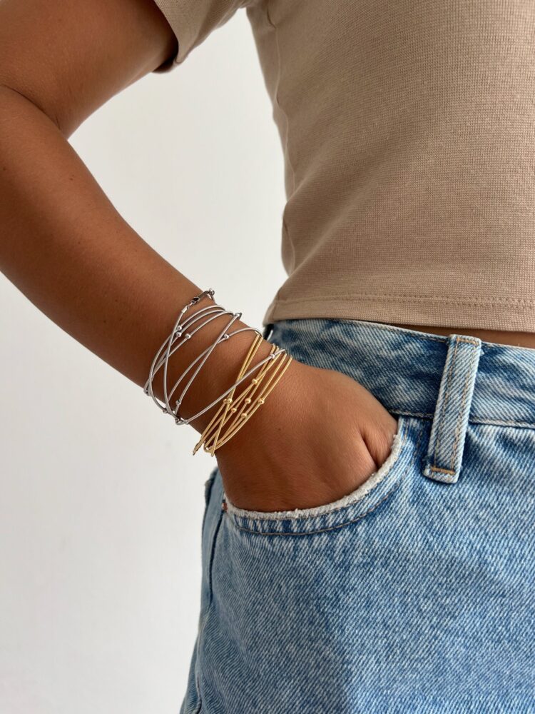 PULSEIRA FIO DE VIOLAO BOLINHAS COM FECHO GAVETA DOURADO