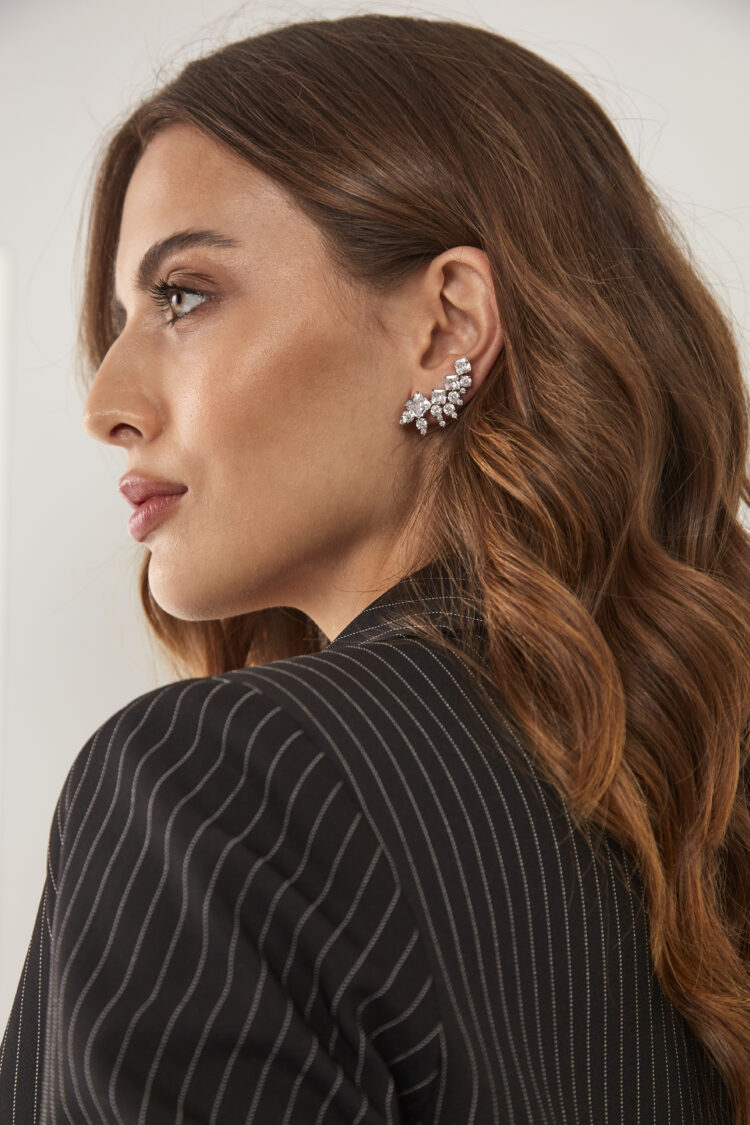 BRINCO EAR CUFF WINGS ZIRCONIAS CARRE RODIO BRANCO